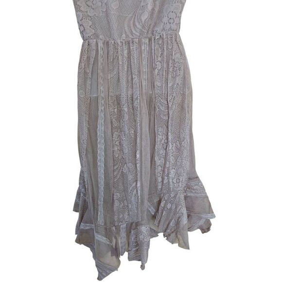 Boho Lace Ruffle Dress Beige Sheer V-Neck Sleeveless coquette elegant whimsical - Picture 5 of 7